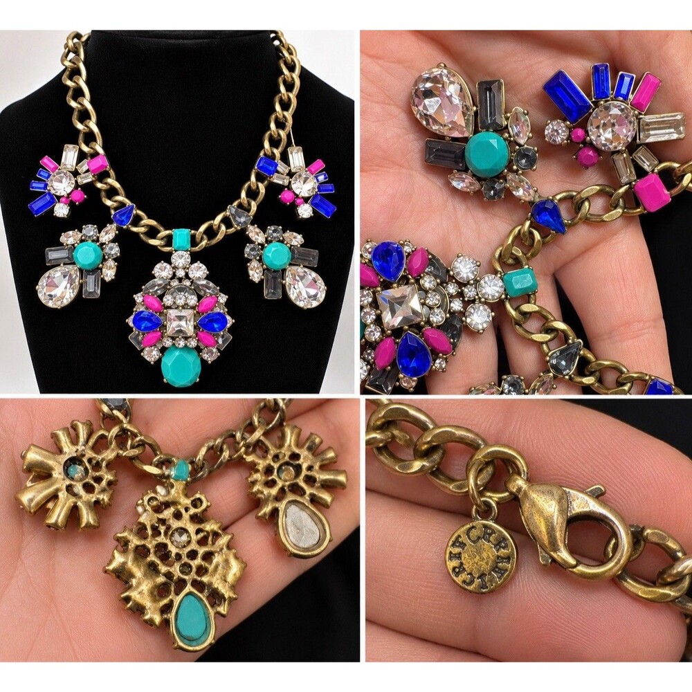 J.Crew Statement Necklace Multicolor Crystal Rhinestone Turquoise Gold Tone